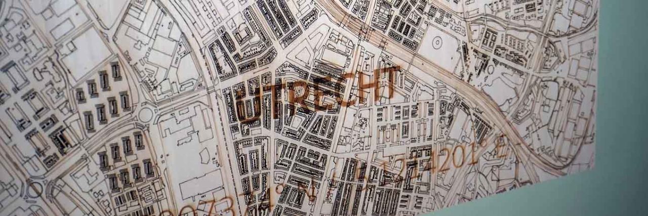 Kaart van Utrecht gegraveerd op hardboard gemaakt met de lasermachine